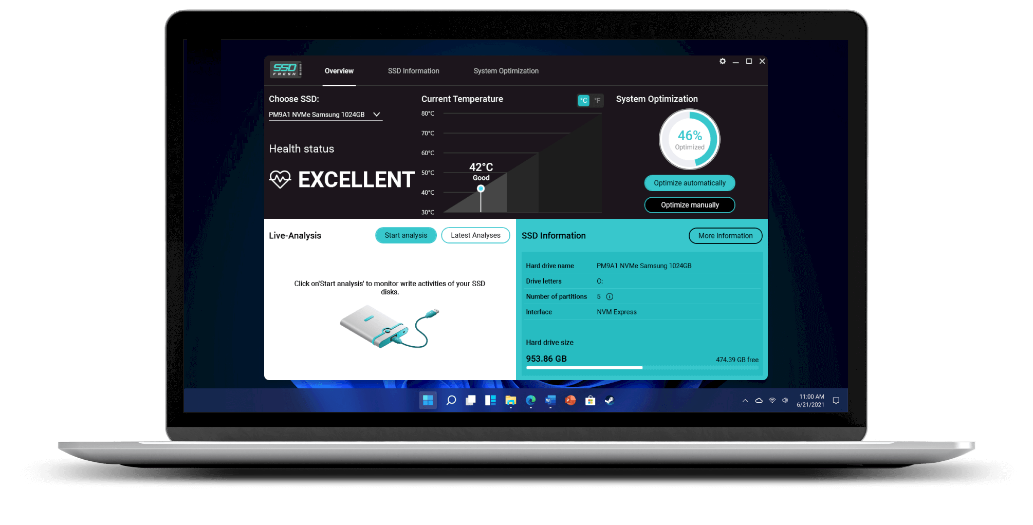 Official SSD Fresh dashboard showing health status, temperature, optimization status, and drive information