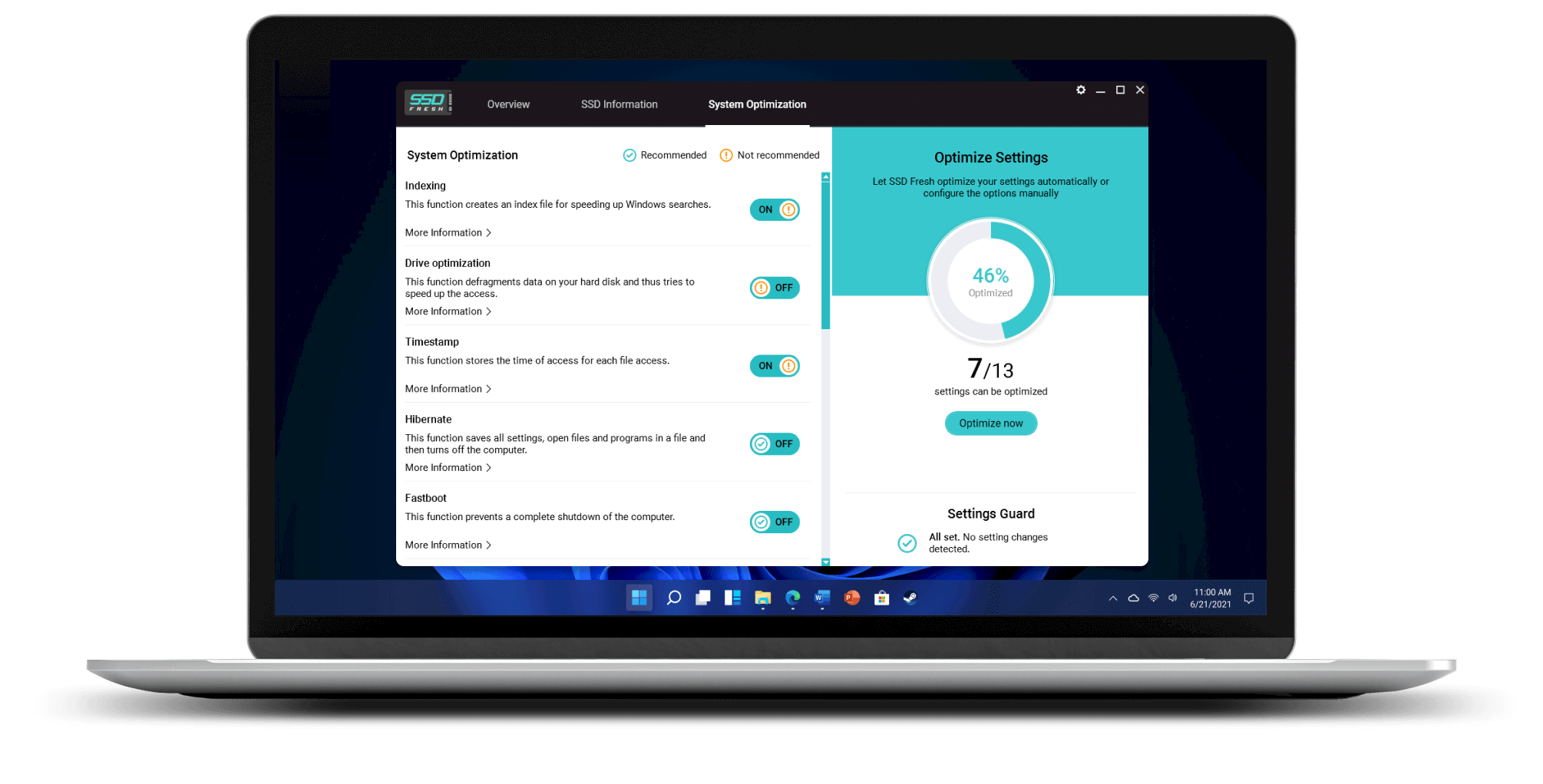 Official SSD Fresh system optimization screen listing Windows settings and manual controls